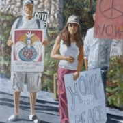 Realistic painting of people protesting for peace