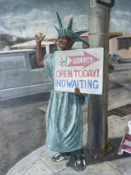 An individual in a liberty outfit holds a tax sign