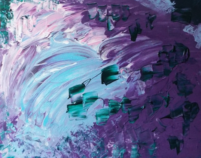 Blue and purple acrylic splash with green dashes