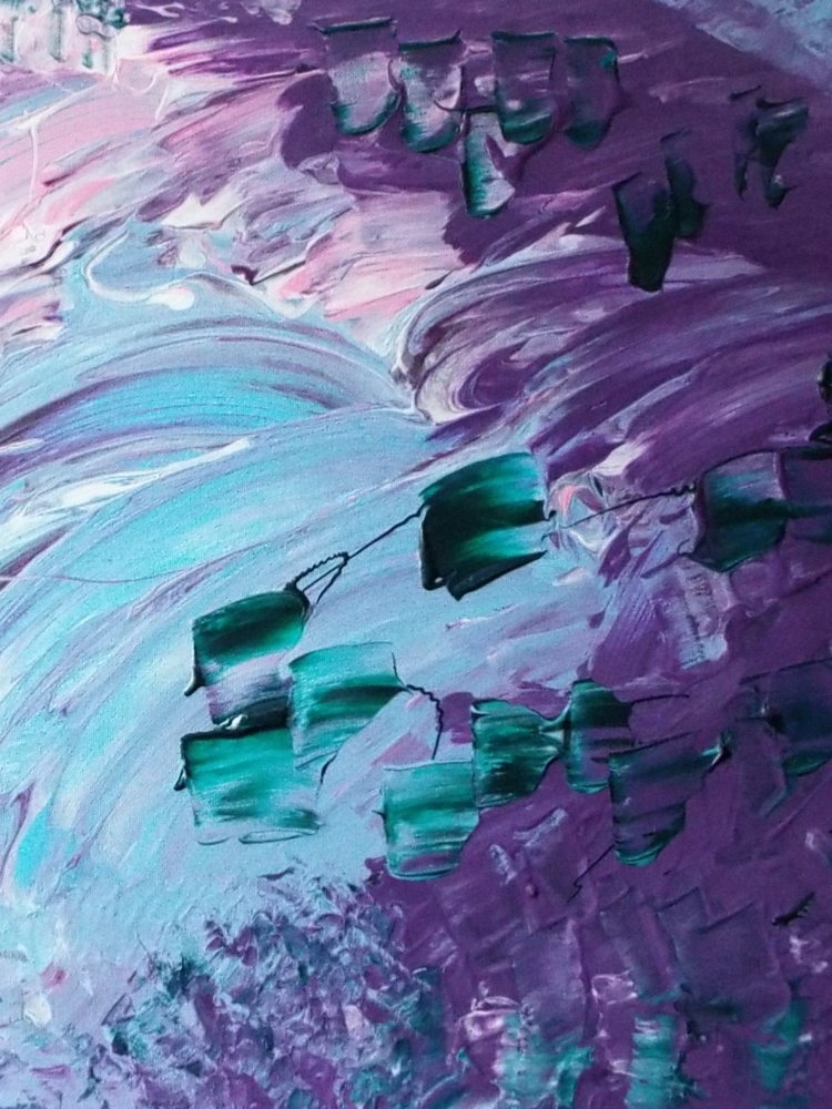 Blue and purple acrylic splash with green dashes