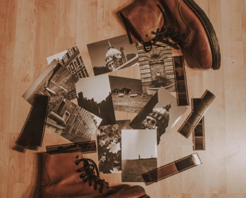 Boots and photograph negatives