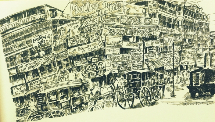 Gel pen on paper downtown scene with horse drawn carriages