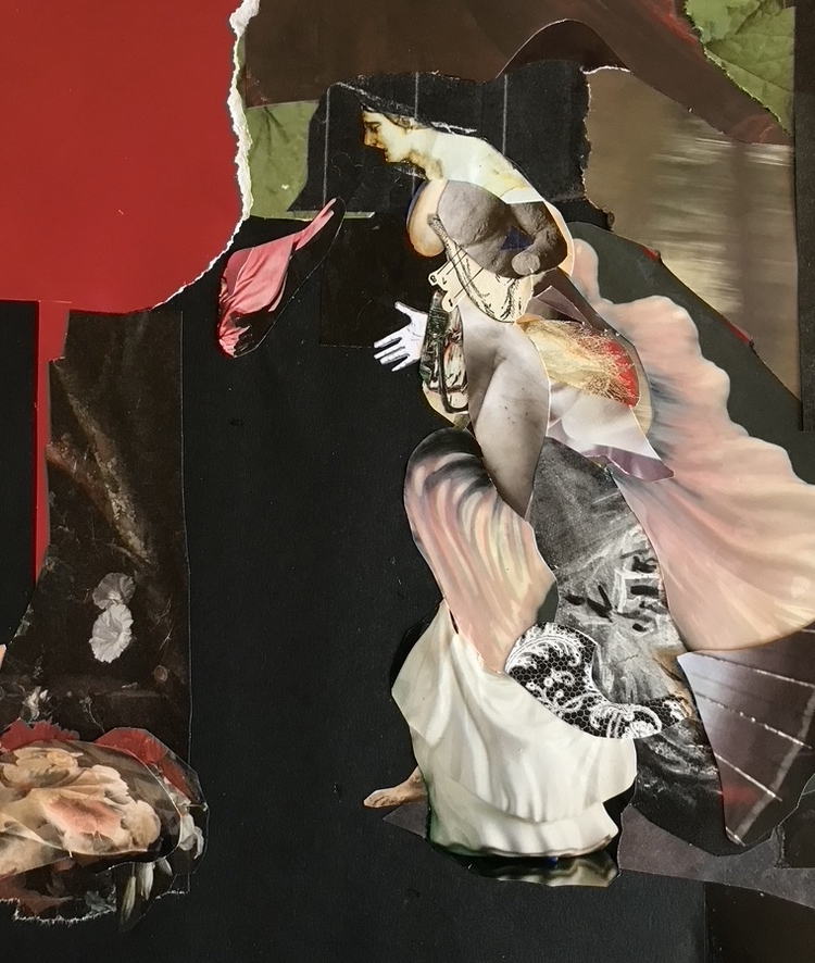 Person in flowing dress, collage, black background