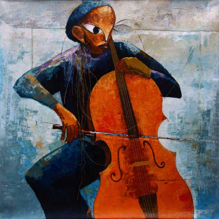 Painting of person playing the cello light blue background