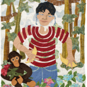 Person in red striped shirt in jungle with monkey and bananas