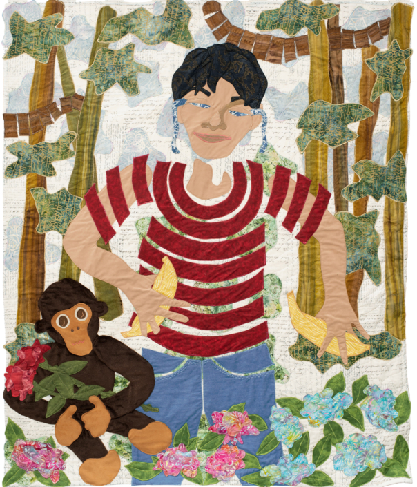 Person in red striped shirt in jungle with monkey and bananas