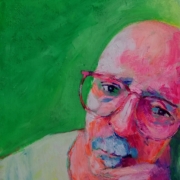 green background painted portrait of person with glasses in pink and white