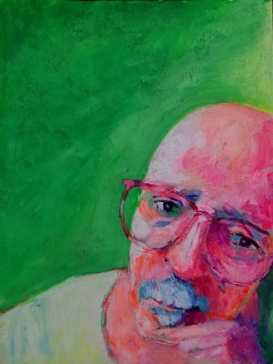 green background painted portrait of person with glasses in pink and white