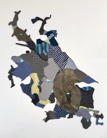 Kathryn Frund, Boston Harbor, 2025, Repurposed synthetic clothing, mesh pins, 7x5'x7.5'
