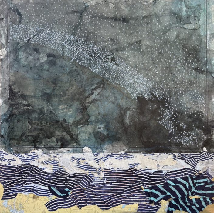 Kathryn Frund,<em>Ocean Integers</em>, 2025, Mixed media, nautical chart, synthetic fiber, canvas on panel, 48x48x2 Kathryn Frund, Ocean Integers, 2025, Mixed media, nautical chart, synthetic fiber, canvas on panel, 48x48x2